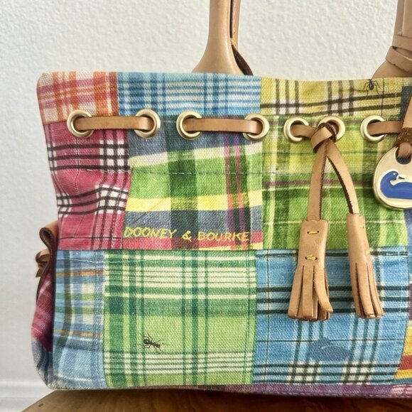 Dooney & Bourke Ants at Picnic Madras Plaid Canvas Leather Top Handle Bag Charm - Picture 2 of 14